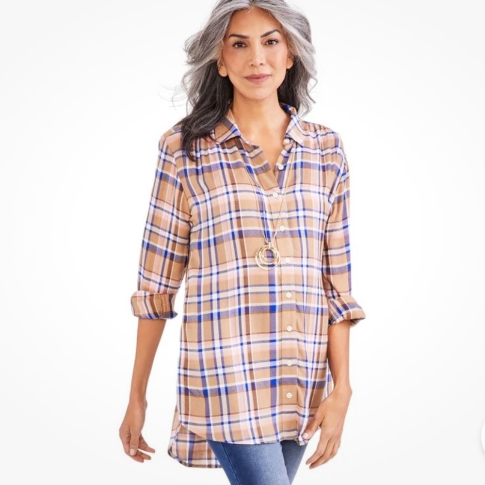 Style & Co. Multicolor Plaid Button-Down Shirt Brown Pink and Blue Tunic 2X